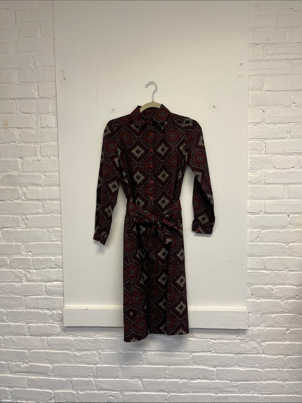 Vintage Printed Long-Sleeve Midi Shirtdress in Burgundy